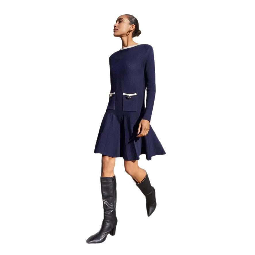 autumn ins women's long sleeves pleated knittingknitting long sleeves high waistdress