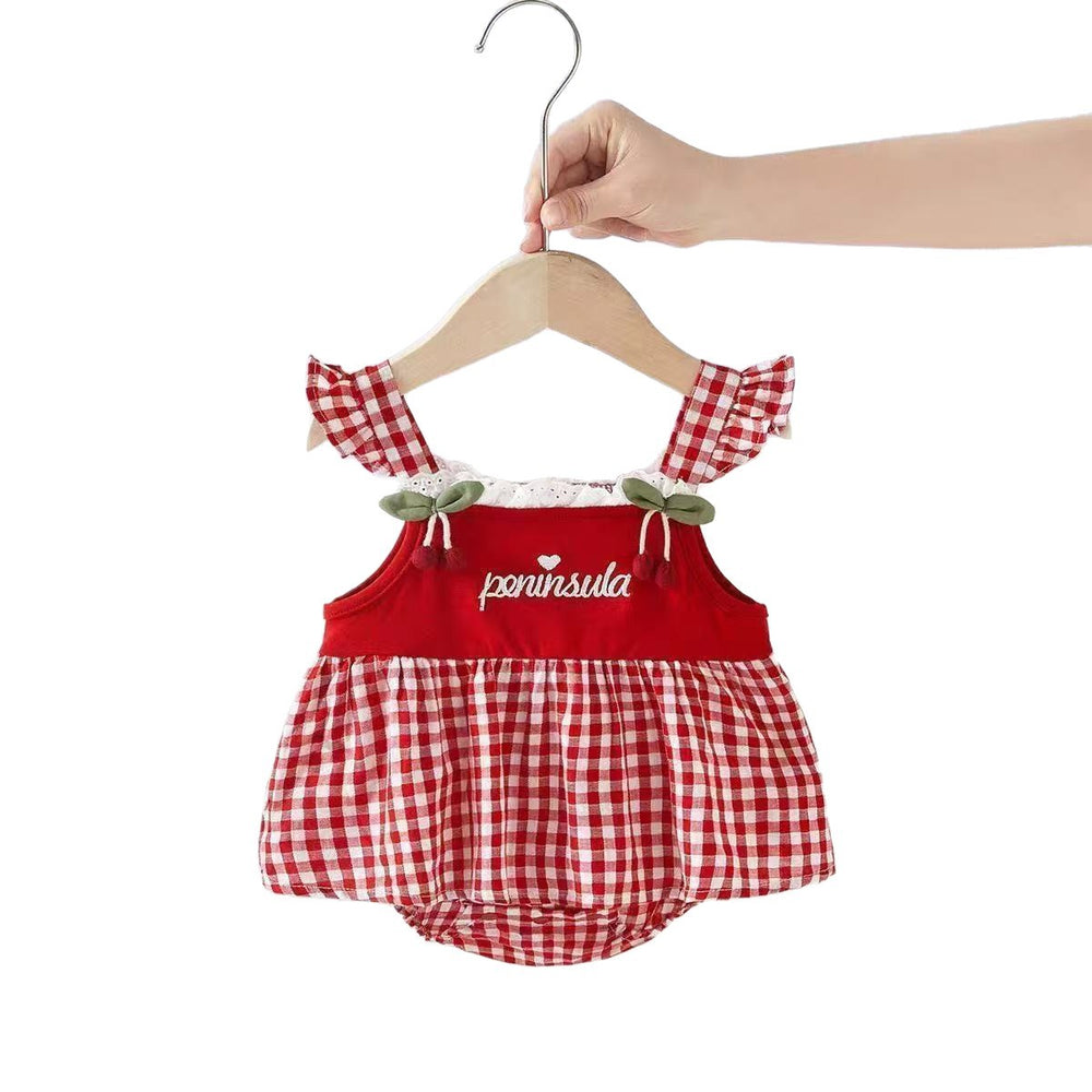 baby bodysuit summer new sweet cherry plaid romper baby girl suspender dress first birthday outfit trendy