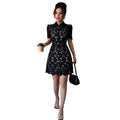 fashion for europe and america:  summer new arrival - color block turn-down collar, water-soluble embroidery, elegant waist-defining short-sleeve dress