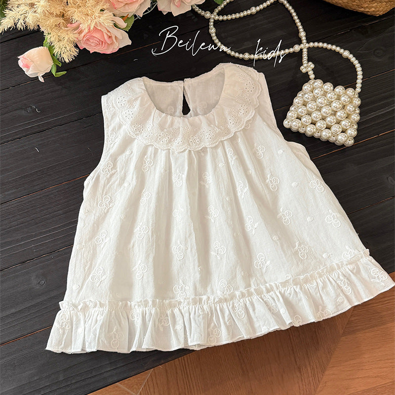 Summer girls' new embroidered cherry sleeveless blouse, stylish and trendy baby girl's clothes, kids' tops, children's fashion apparel