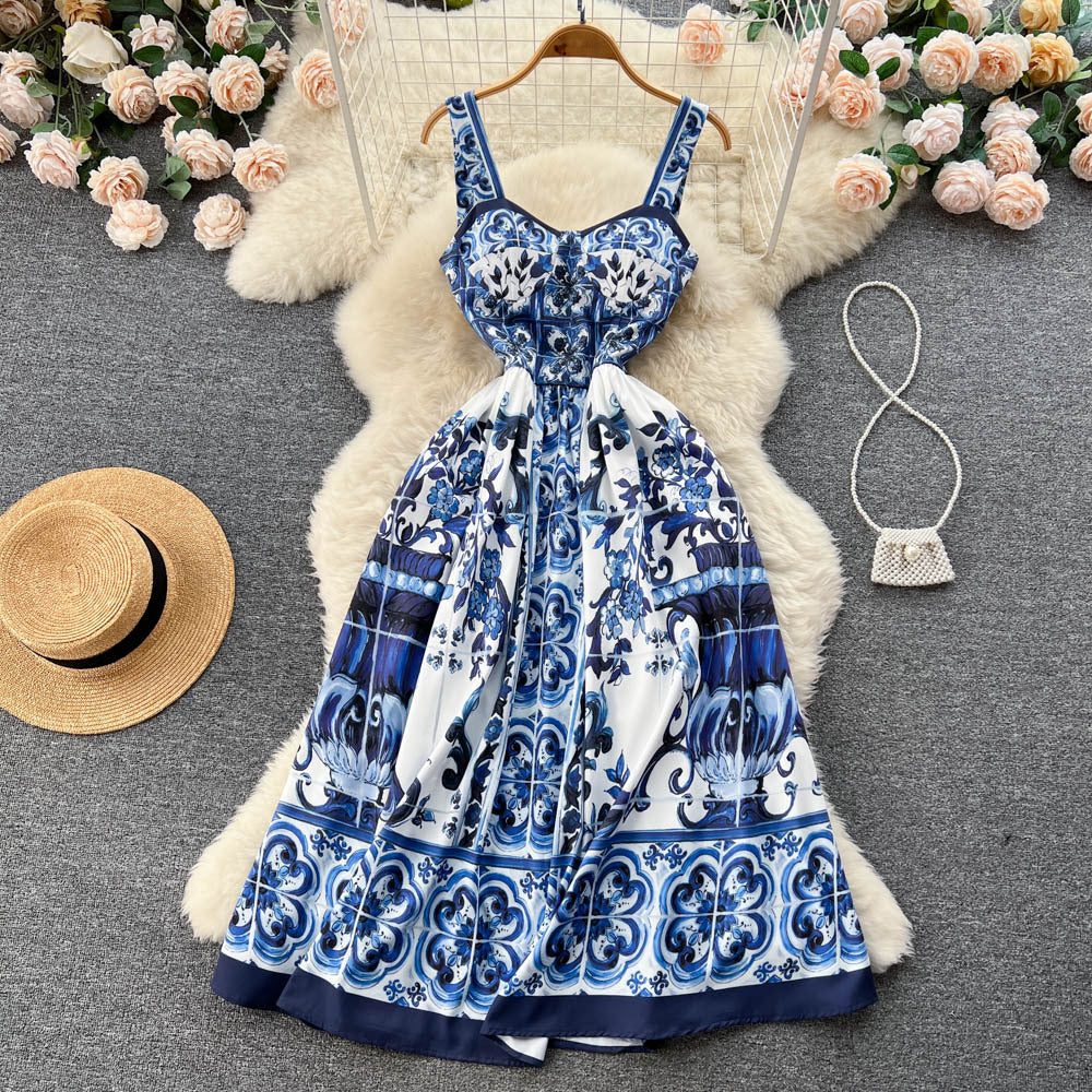 Ethnic style retro suspender dress women's frenchsense of designniche style waist slimming look floral a-line long skirt