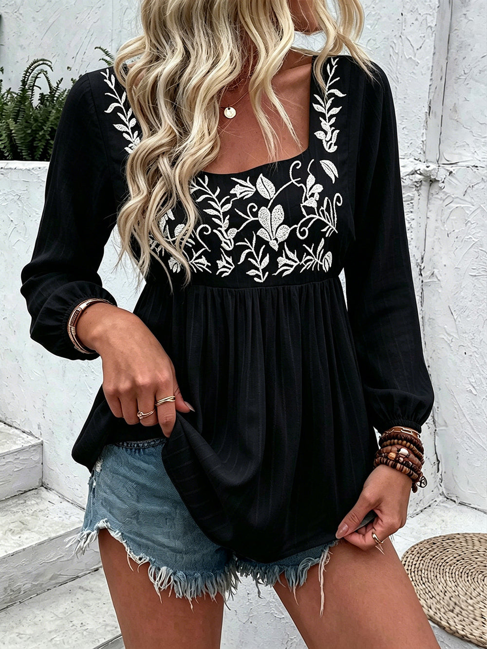 European and american cross-border women's lace square neck short sleeve embroidered blouse - new  spring/summer cool & casual style