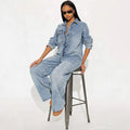 European and american cross-border women's fashion:  women's denim jumpsuit,  new arrival, button-front long sleeve romper