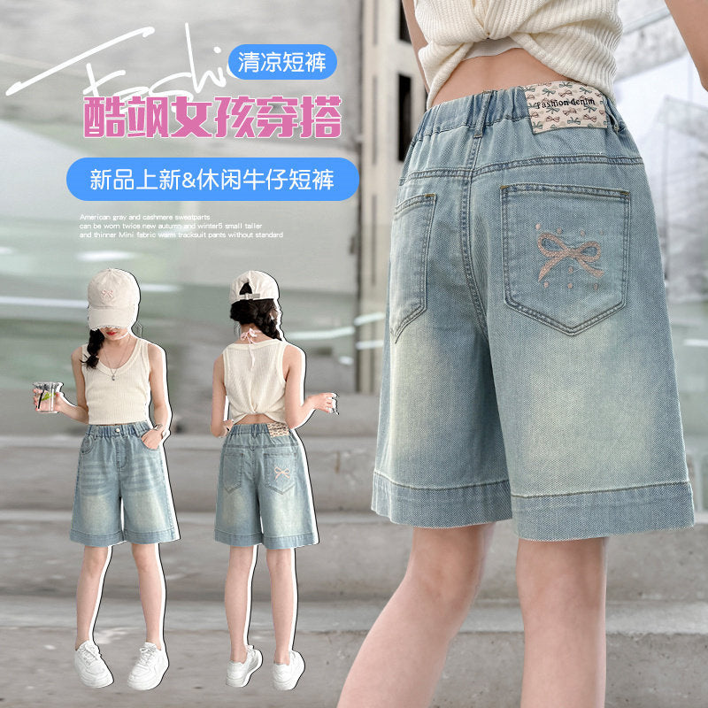 Girls' denim shorts summer outfit  new summer children's capri pants outerwear girls' big kids' pants summer lightweight style