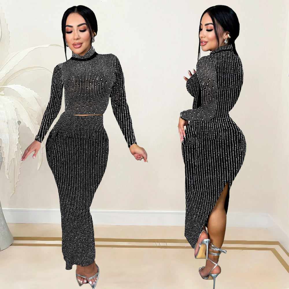C7093 cross-border   fashion women's hot diamond slimming bag arm long sleeves two-piece skirt new
