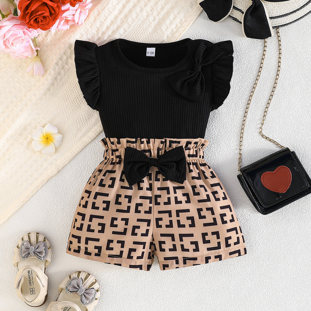European and american style girls' summer outfit: flutter sleeve knit top + printed shorts two-piece set