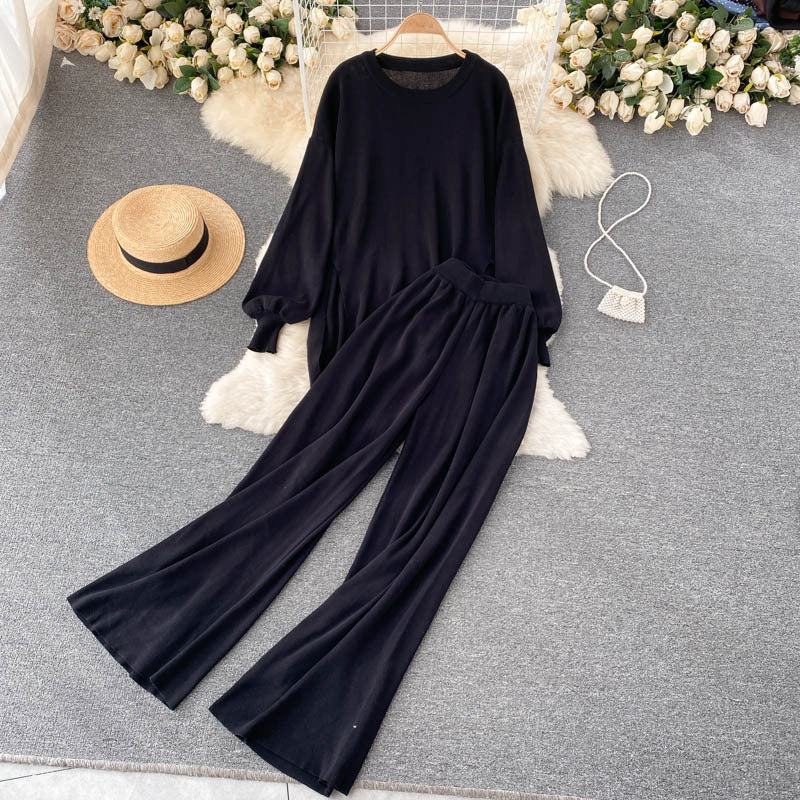 Hong kong style relaxed fit casual set - women's autumn design, slimming irregular top & wide leg pants two-piece outfit