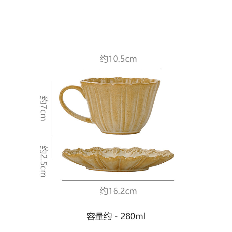 Vintage gilt ceramic embossed cup and saucer set - unique, high-style milk, coffee, afternoon tea, and water cups