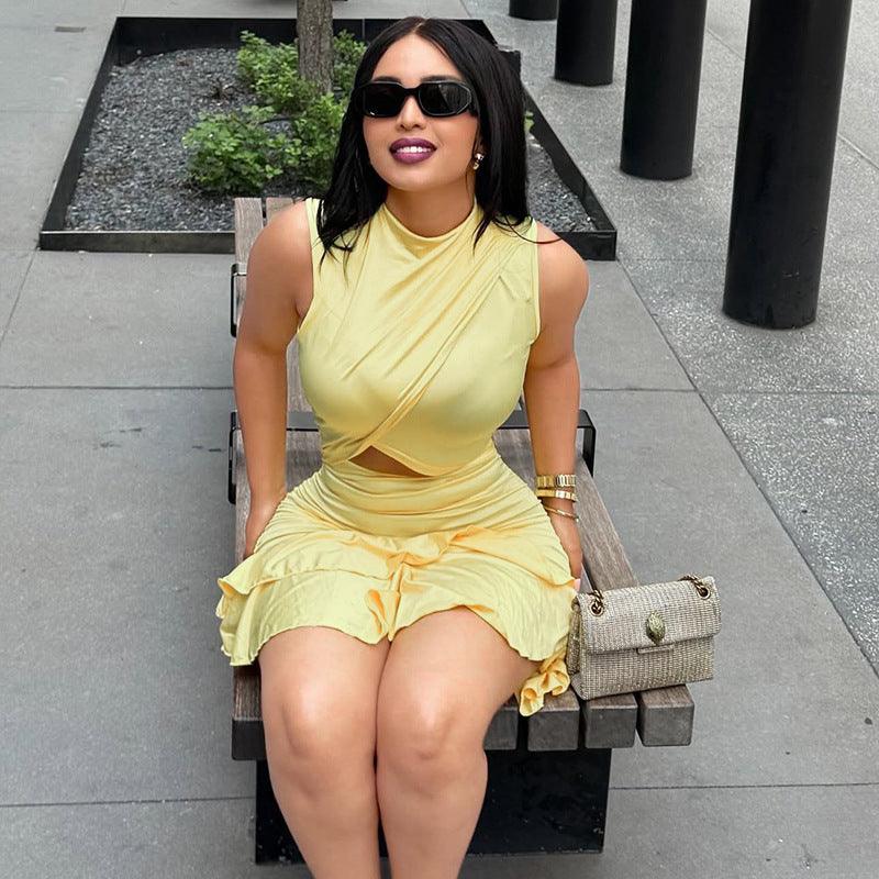 European and american style ins cross-border pure color fashion women's pleated waist a-line skirt round neck cut outruffles short dress