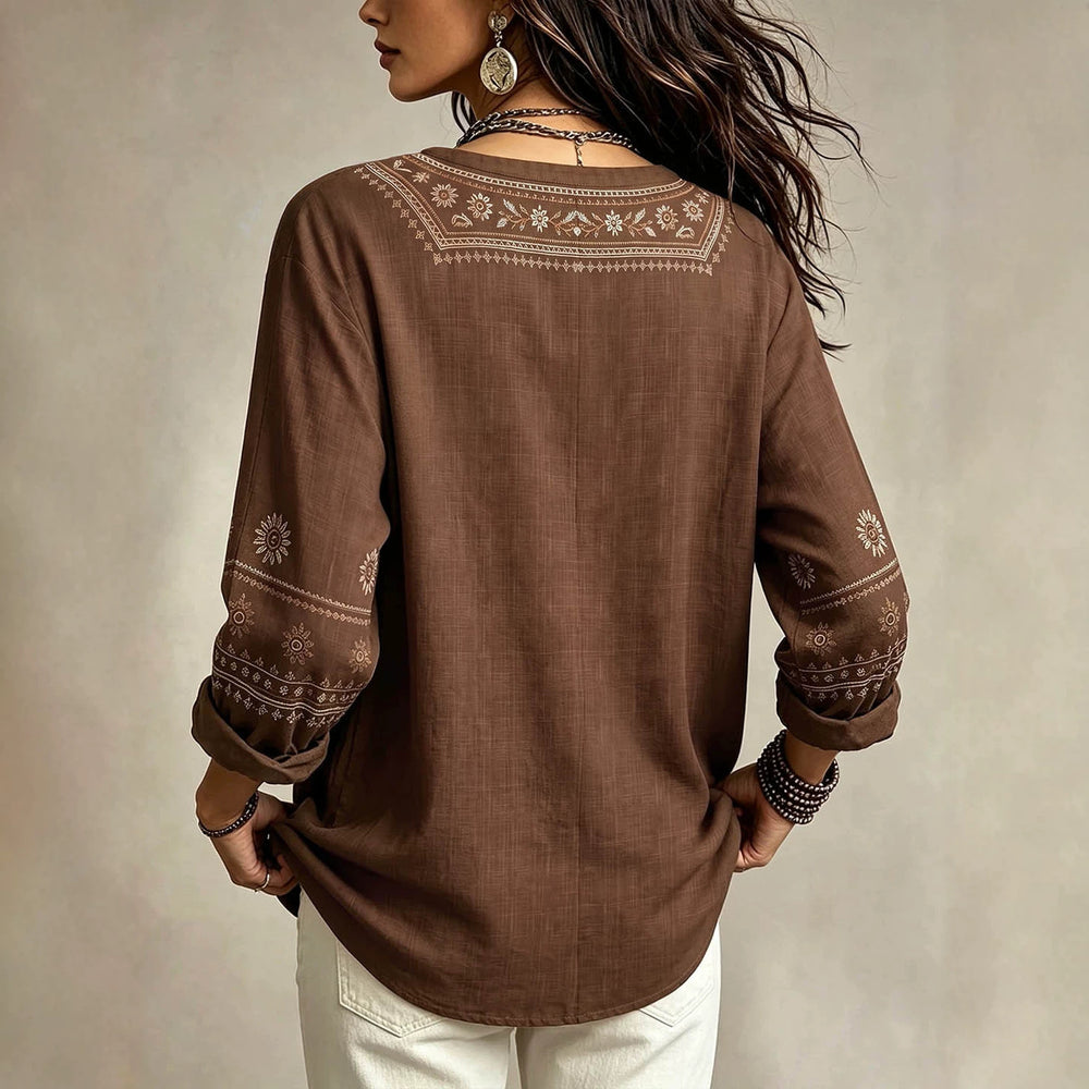 Plus size vintage ethnic style shirt - half button, printed, long sleeve, loose fit, flattering, versatile women's casual top