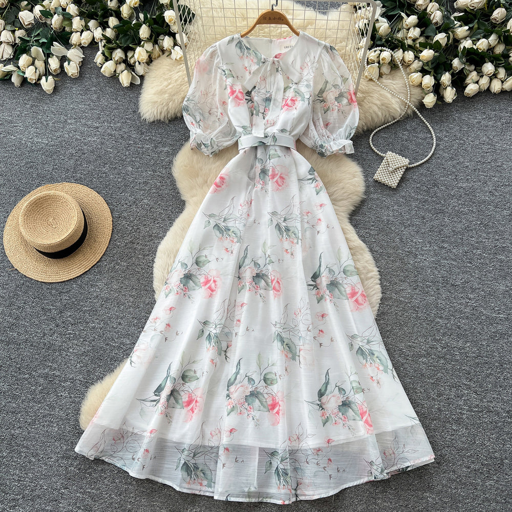 French romantic style printed tie-up dress - women's summer korean v-neck strappy short sleeve a-line maxi dress - elegant