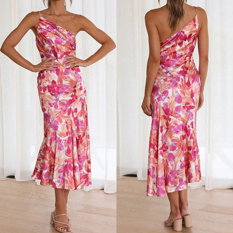 new european and american style sexy camisole maxi dress - printed asymmetrical neck fishtail dress - elegant commute