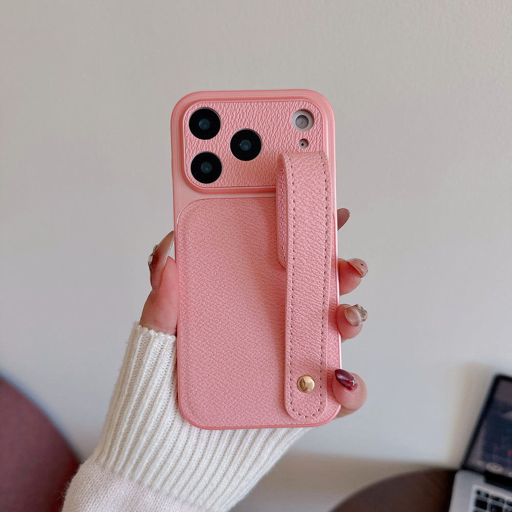 Suitable for apple 16promax to turn into 17 small v pattern plain leather wristband mobile phone case iphone17pro anti-fall case 14