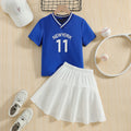 Girls' summer activewear set: blue v-neck digital print tee & white midi skirt - perfect for export