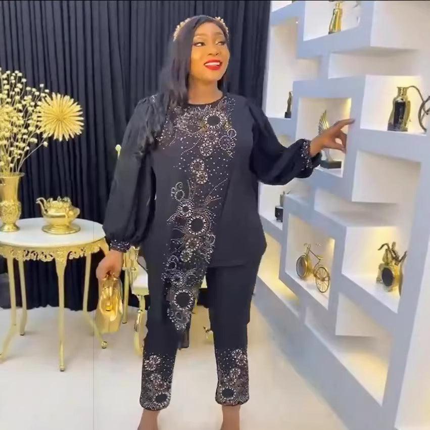 e-commerce  african women's plus size beaded and rhinestone irregular top + pants two-piece set