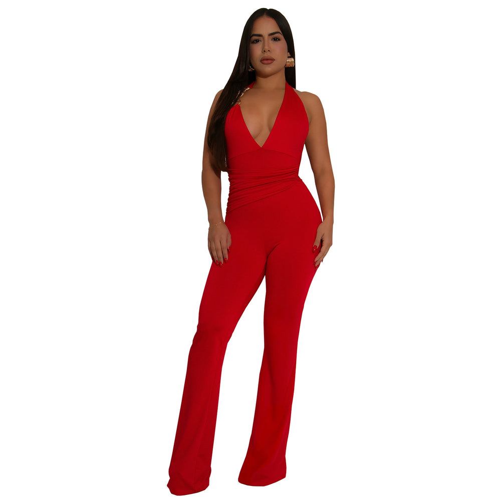 C7329 cross-border   fashion women's strappy sexy deep v halter neck solid color jumpsuit new