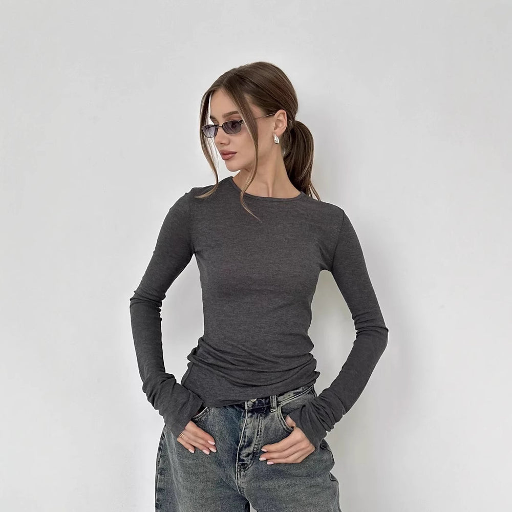 autumn new arrival: cross-border european and american style women's solid color fashion slim-fit round neck flare long sleeve top/t-shirt