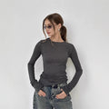 autumn new arrival: cross-border european and american style women's solid color fashion slim-fit round neck flare long sleeve top/t-shirt