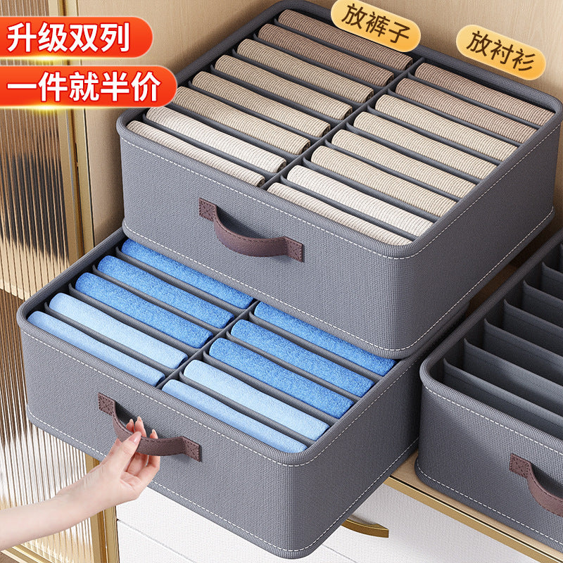 Double-row storage box for clothes, garments, and pants - wardrobe organizer with compartments, rectangular drawer, and layered design
