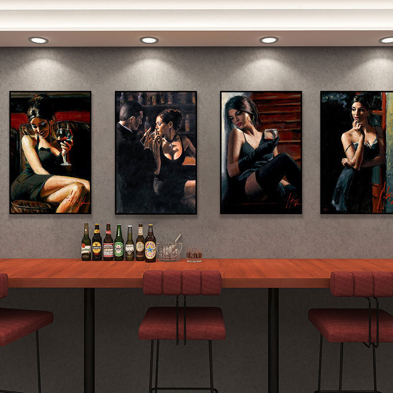 Bar decoration painting American restaurant cigar red wine woman hanging painting winery club whiskey oil painting retro mural