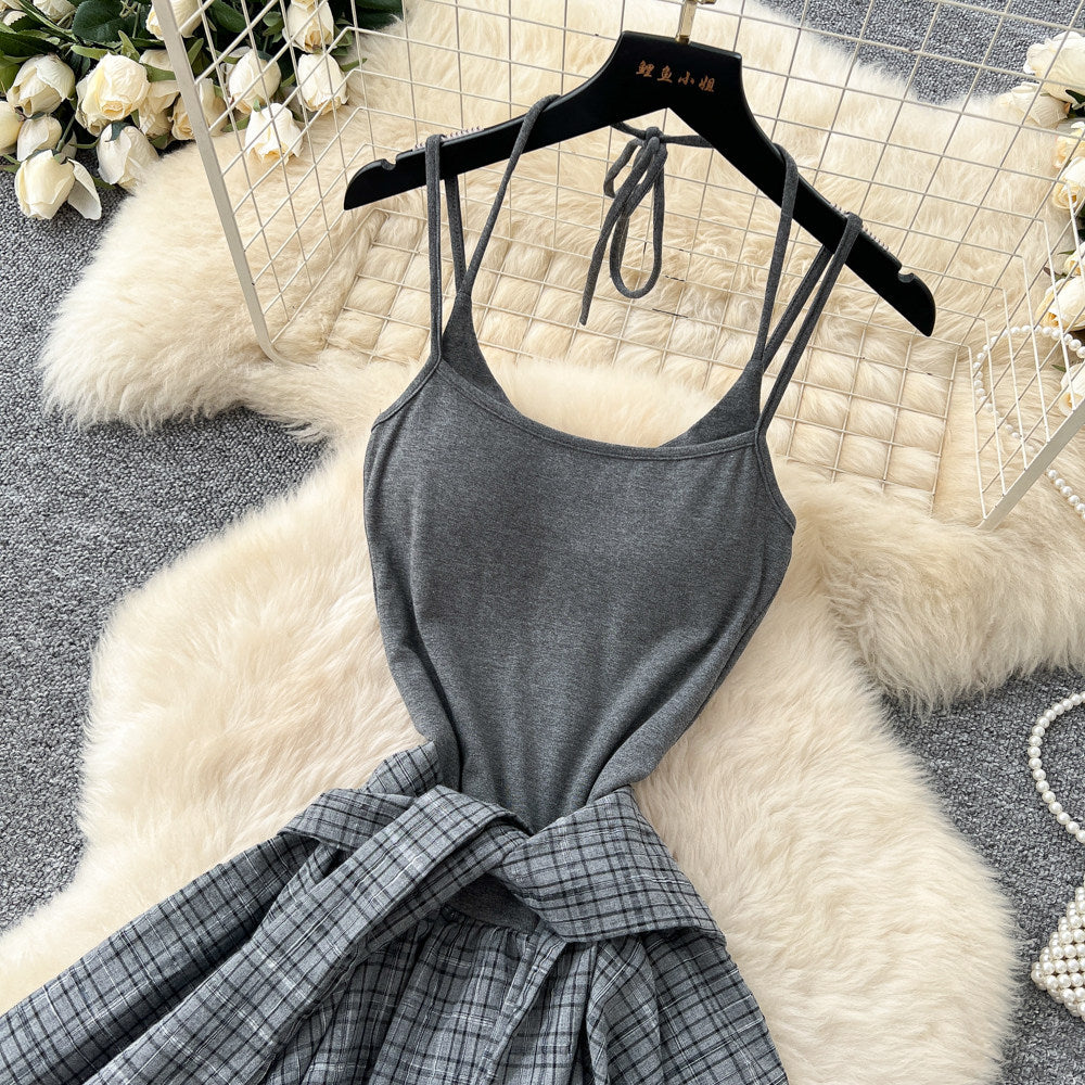 K-stylefake two-piece grids pattern patchwork suspender dress female summer strap halterslimming lookasymmetricalretro skirt