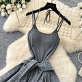 K-stylefake two-piece grids pattern patchwork suspender dress female summer strap halterslimming lookasymmetricalretro skirt