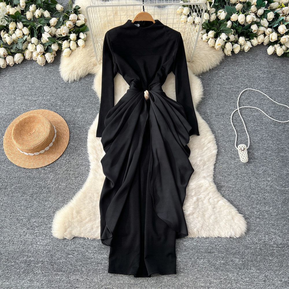 Elegant and chic semi-high neck pleated long sleeve dress - women's red, slim-fit, a-line maxi dress with figure-flattering waist