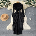 Elegant and chic semi-high neck pleated long sleeve dress - women's red, slim-fit, a-line maxi dress with figure-flattering waist