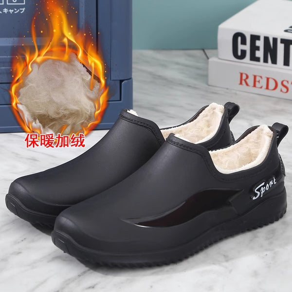 Male kitchen chef work shoes fleece warm rain shoes men wear versatile men's non-slip and wear-resistant low-top waterproof shoes