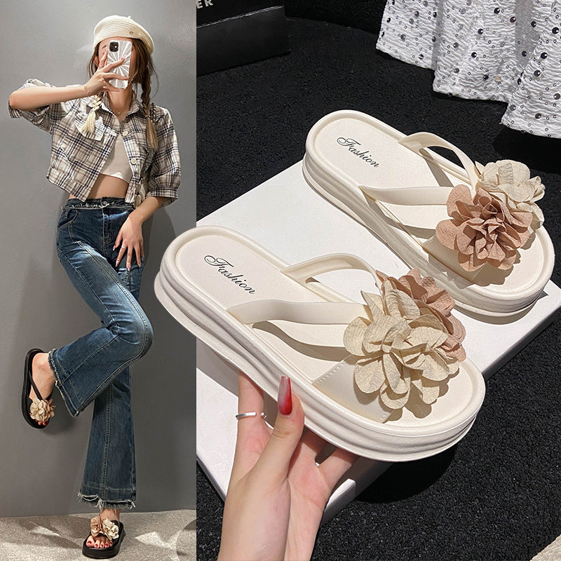 Two-tone floral platform slides - women's new summer collection: versatile, flat, non-slip, fashionable beach sandals for students