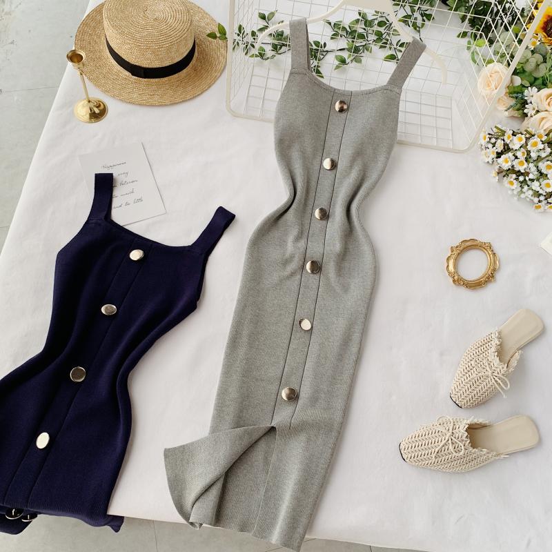 Knitted dress 2020 new summer style elegant square neck slim fit button-down sleeveless tank top slit midi dress