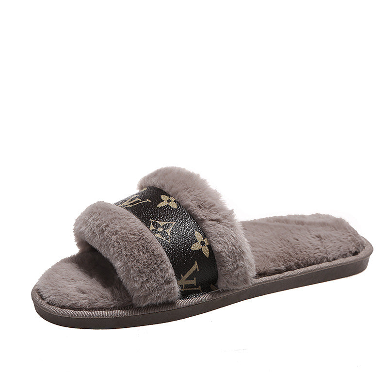 Women's winter slippers - outdoor wear, couple's fuzzy cotton slippers, 2024 new leather one-strap plush slippers, indoor/outdoor slippers