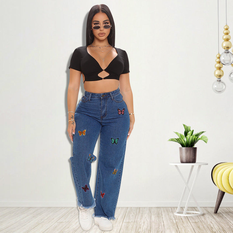 21828 european and american cross-border women's spring new embroidered washed sexy denim jeans  new plus size
