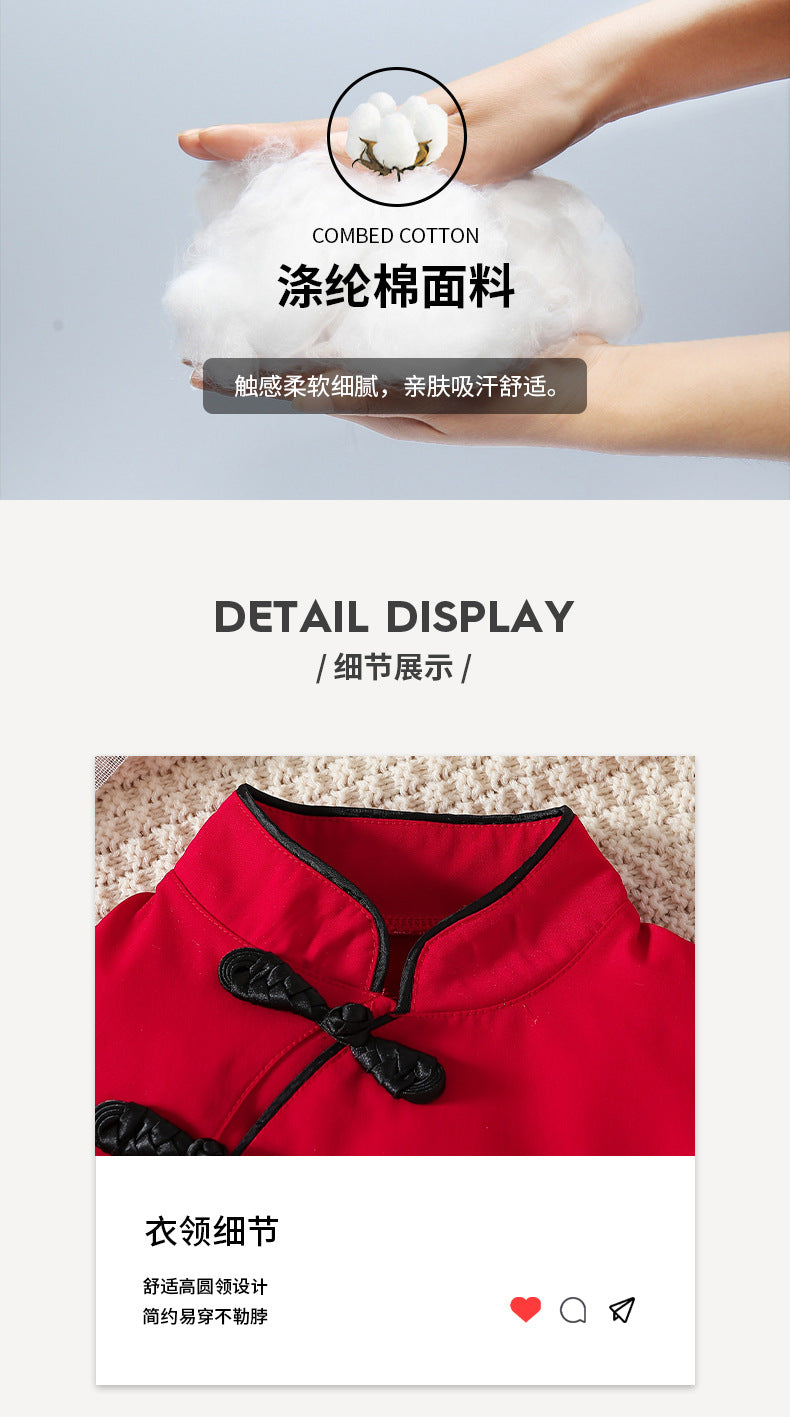 Girls' two-piece skirt set: red lantern sleeve chinese-style button-down top with black pleated skirt - traditional chinese style for kids