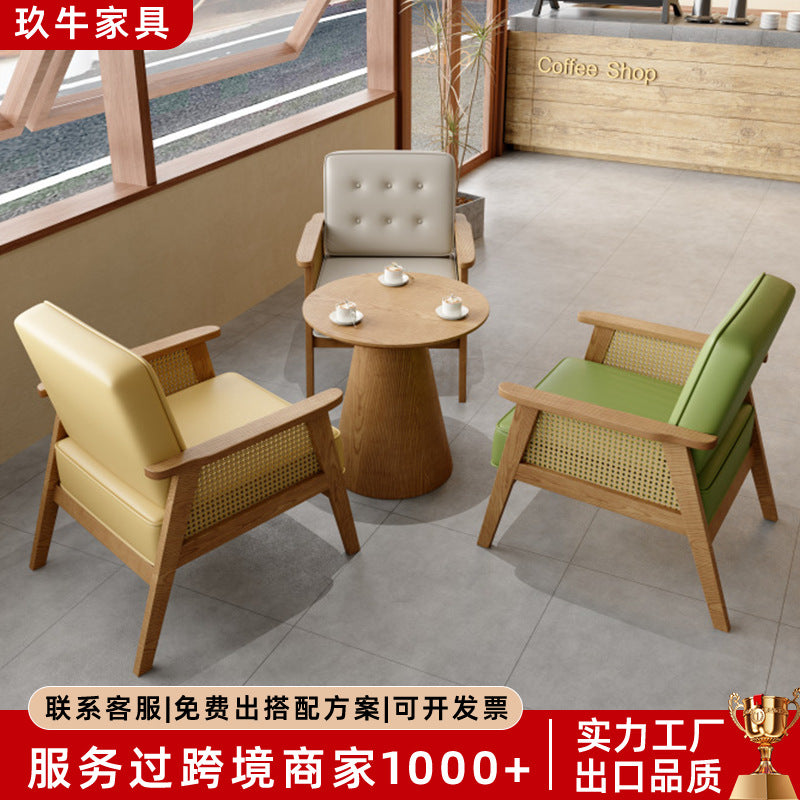 Customized wabi sandy wind woven rattan cafe tables and chairs dessert shop catering shop milk tea shop solid wood negotiation leisure area tables and chairs