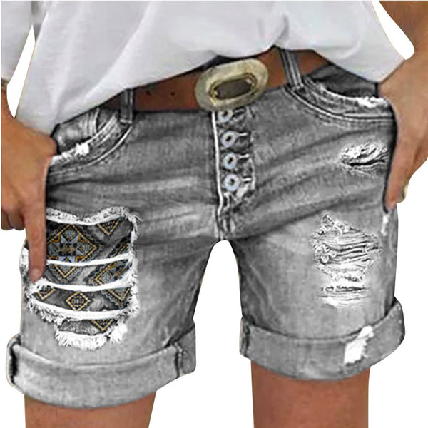 European and American  supply, summer female slim single-breasted multi-buckle frayed curled denim shorts