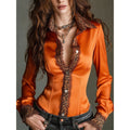 Amazon european goods satin leopard print slit patchwork polo shirt women's summer new long sleeve top