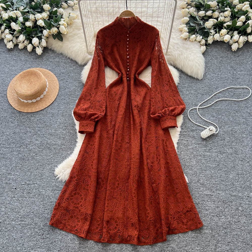 French court style dress - women's autumn 2025 - high-end, single-breasted, waist-cinching, slimming, elegant lace maxi dress