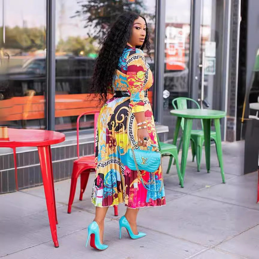 spring/summer new arrival: african print midi dress with bow collar and three-quarter sleeves - plus size women's clothing