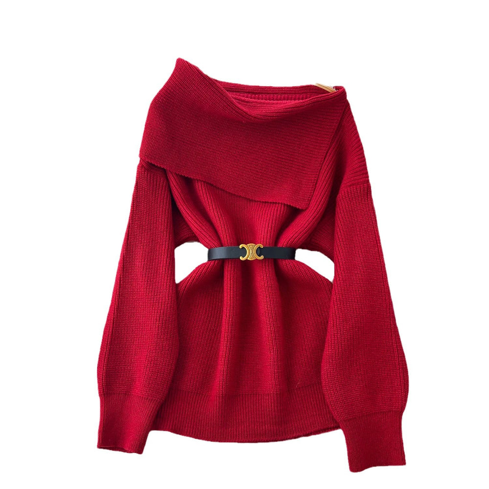 new arrivalfall and wintersweater belt waist easiest for matchfashion one shoulder lapel slimming look chic knittingtops women