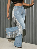 European and american style women's high-waisted frayed hem distressed light blue washed stretch flare jeans