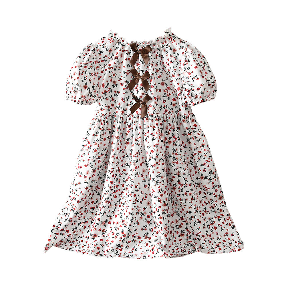 European and american style girls' dress -  summer new arrival - bow accent floral short sleeve dress for girls