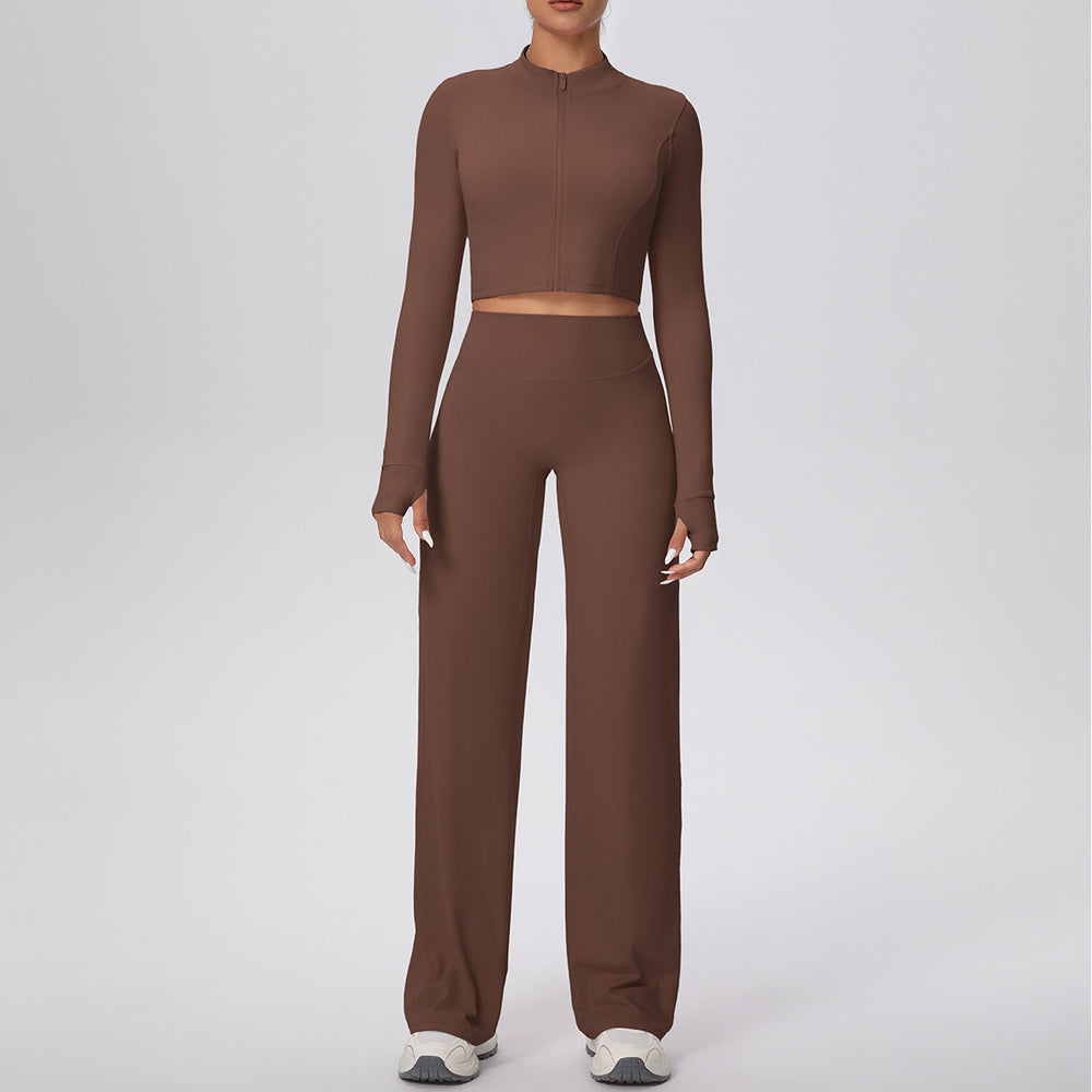 New arrival: solid color double-sided brushed fleece zip-up jacket & wide-leg yoga pants set - perfect for running, fitness, and activewear