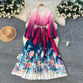 European and american style high-end beaded and printed pleated dress - women's gradient korean style long sleeve pearl button pleated maxi dress - commute friendly