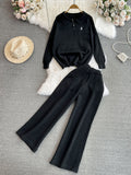 Fashionsuitfemalek-stylelong sleeves lapel looseknitting shirt sweatertwo-piece setcasualhigh waiststraight-legloose pants