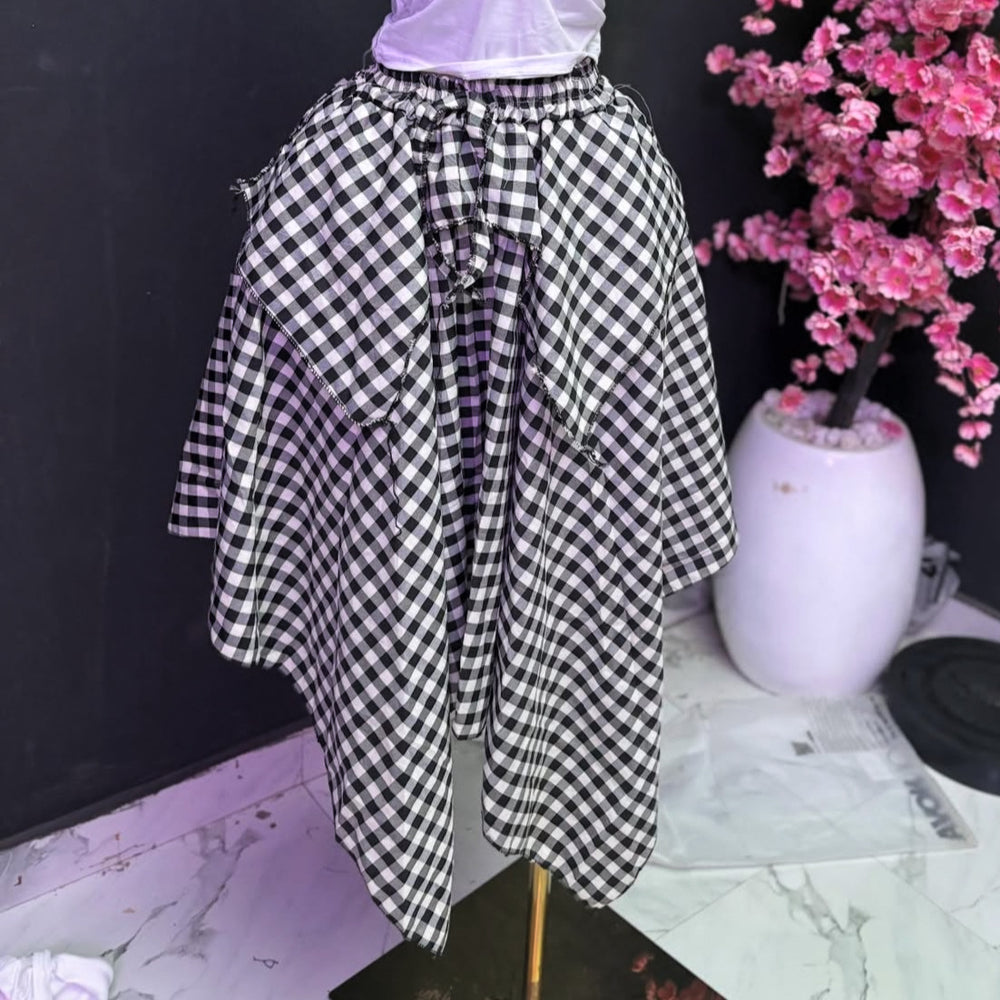 supply, free size, yarn-dyed plaid, double-layered, large swing, loose, asymmetrical, fashionable elastic waist, versatile skirt