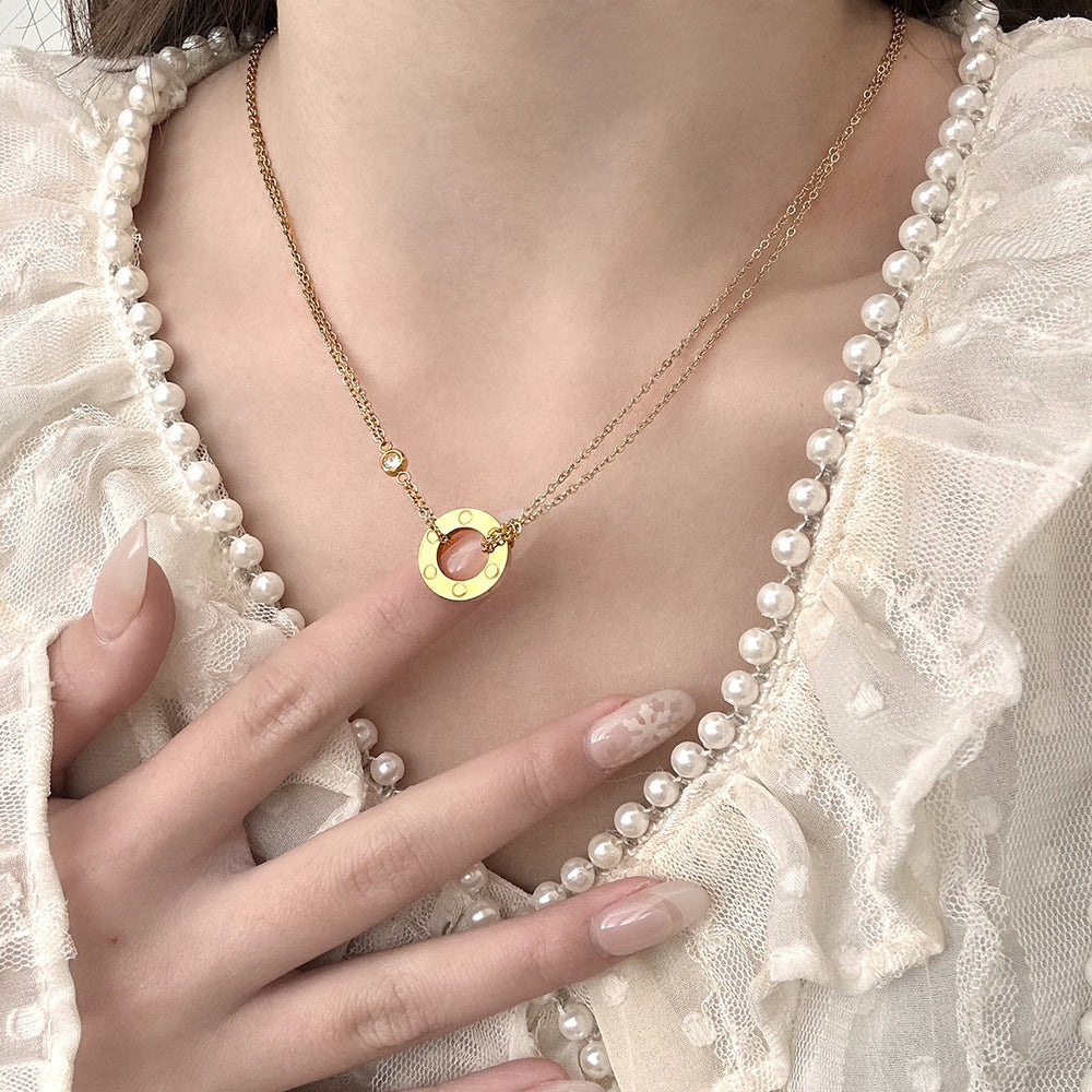 V gold plated microphone gold manufacturer direct sales card plus double ring pancake necklace love clavicle chain printed couple original version diamond gold