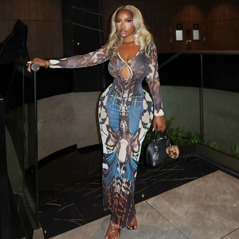 Fashionins cross-border color matching women's street style hip-covering one-step skirt v-neck long sleeves metal ring waist dress