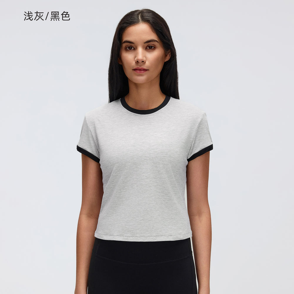 Color block shoulder cropped activewear tee - women's summer solid color crew neck sports yoga top d26053