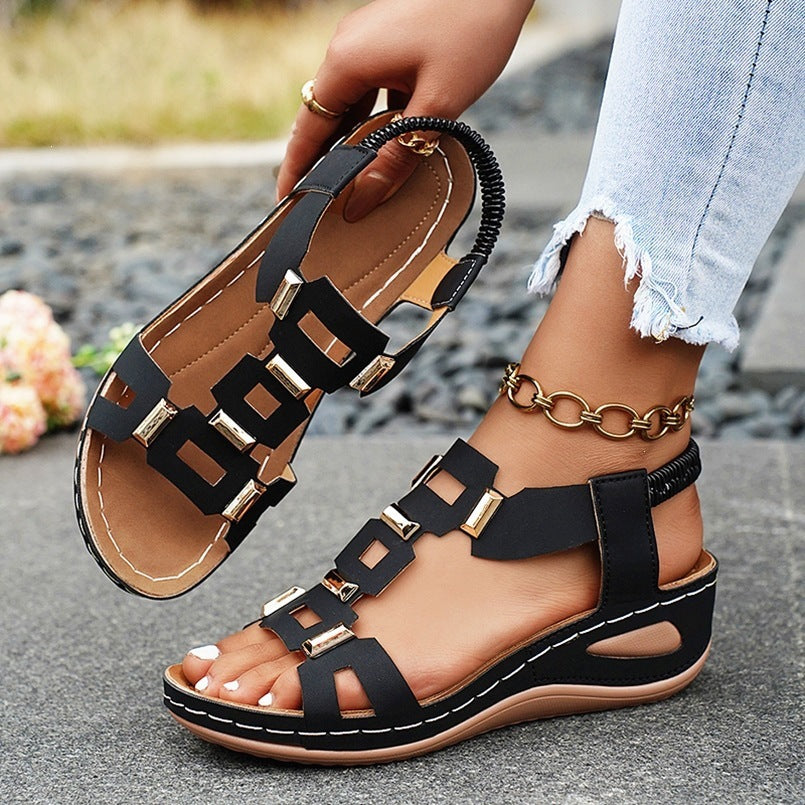 Elastic slip-on sandals for women, new summer  collection, plus size wedge heel, open-toe design with metal embellishments